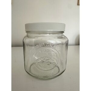 Golden Harvest Glass Canister Jar with White Lid Embossed Fruit Design 5.5 Inch